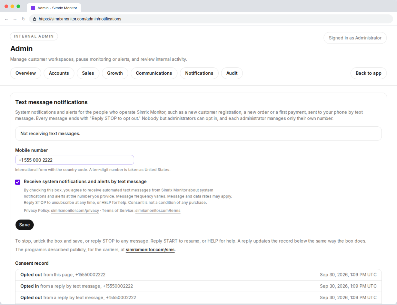 The Notifications page of the Simrix Monitor admin area, showing a mobile number field, the opt-in checkbox and the consent wording beneath it