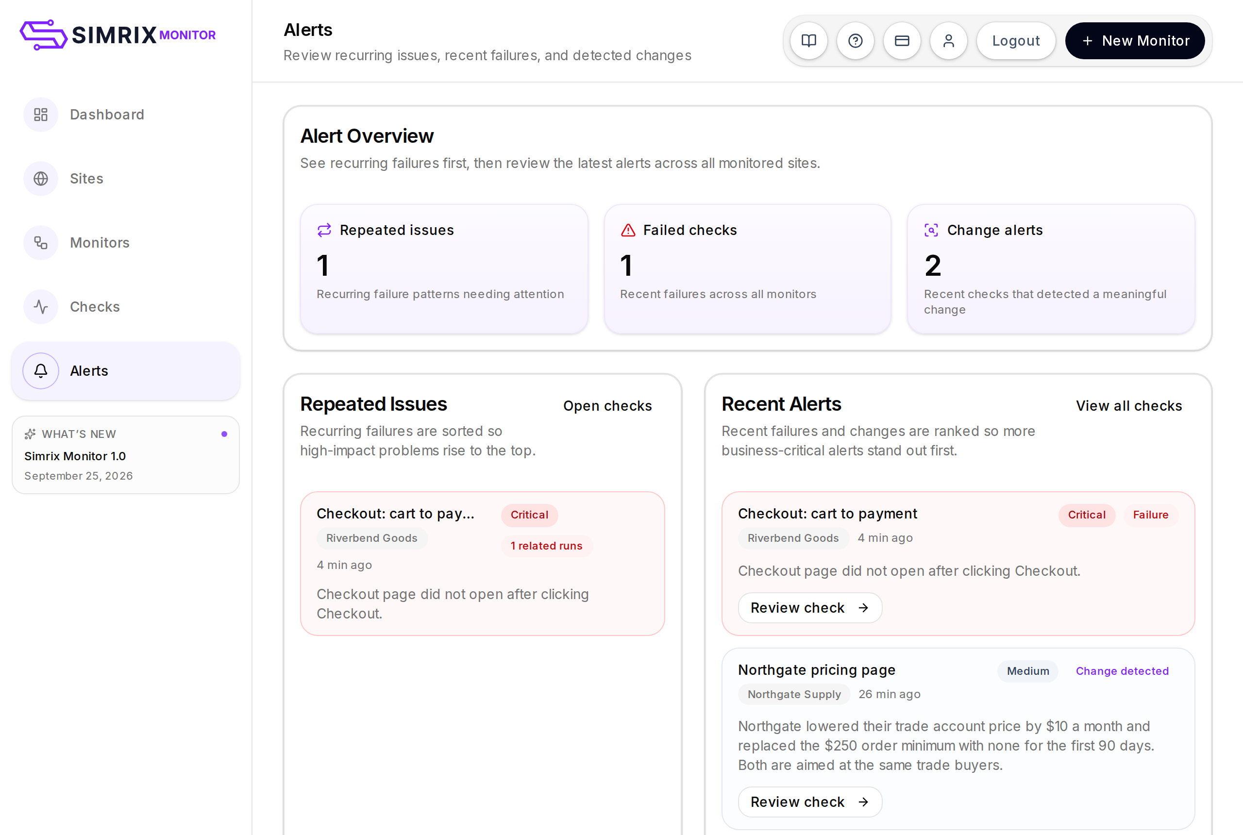 The Alerts page, listing recent failures and detected changes, each with the monitor and site it came from, when it happened, and a link through to the check.