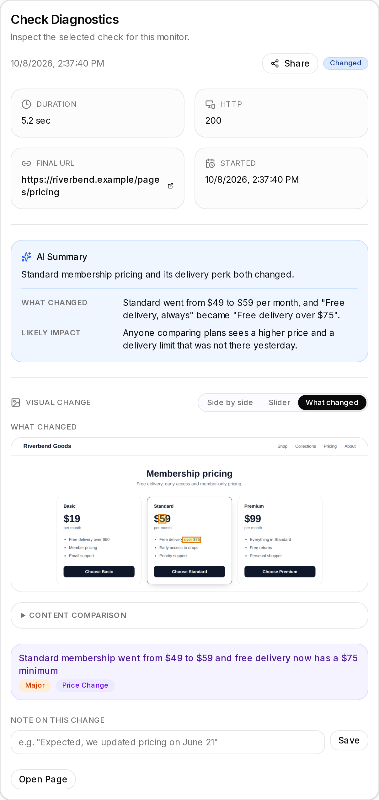 A detected change on a pricing page. The What changed view shows the page after the change, with the new price digit and the new delivery terms highlighted in yellow, above a summary of what changed and its likely impact, tagged major and price change.