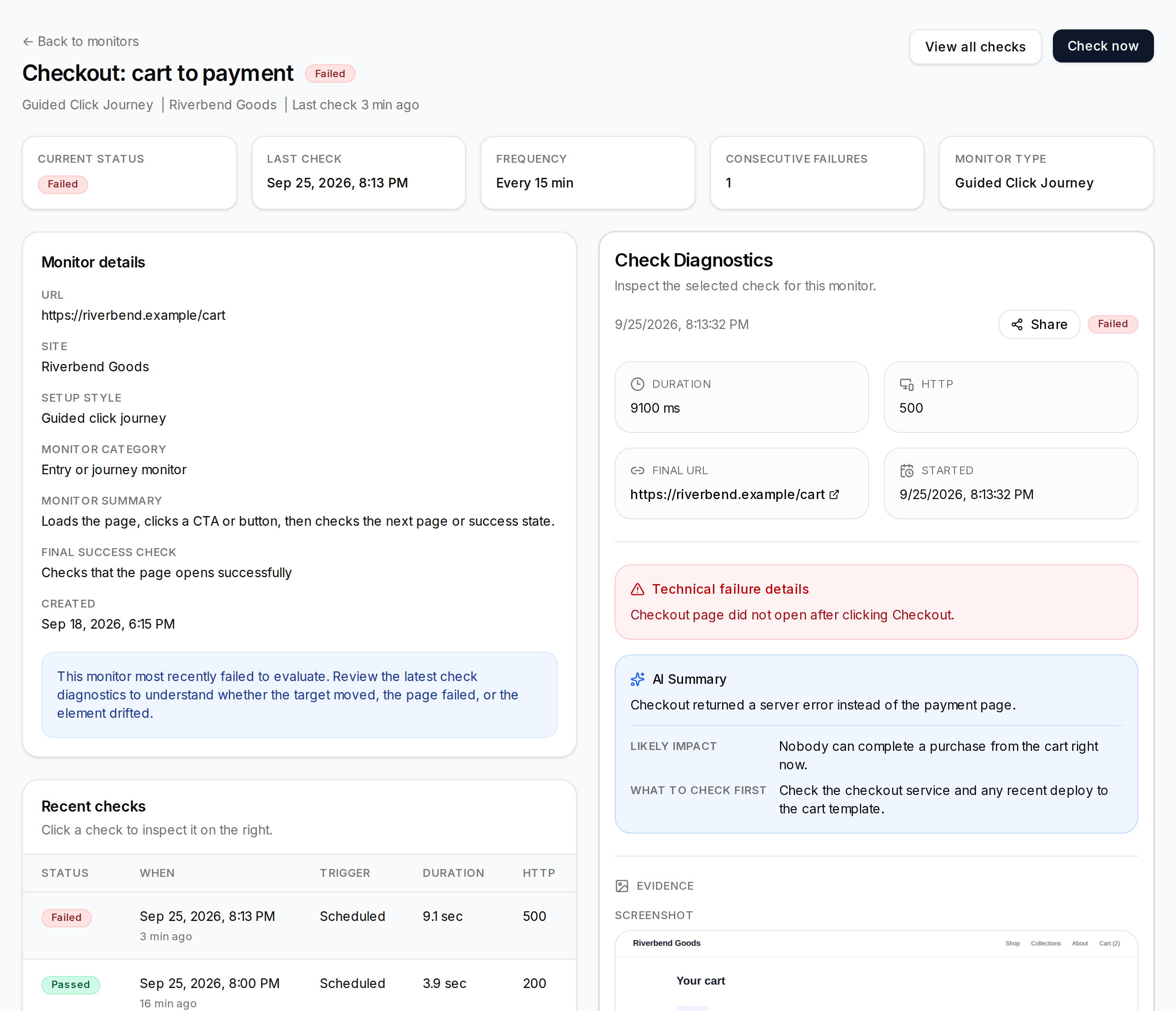 A check for a checkout monitor that failed. The monitor's settings and its recent check history are on the left; the selected check's detail, summary and evidence are on the right.