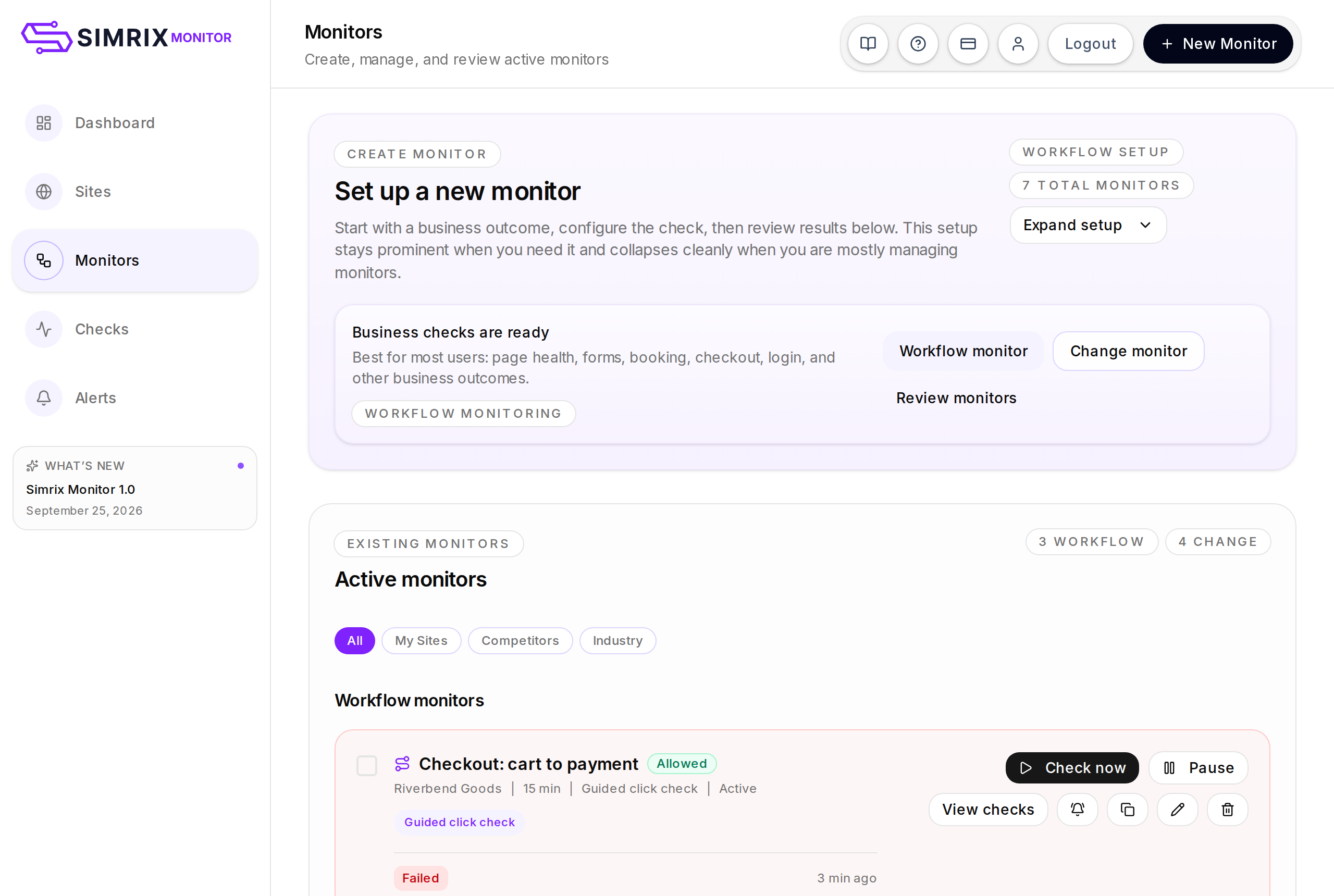 The Monitors page, listing each monitor with its site, type, schedule and latest status.