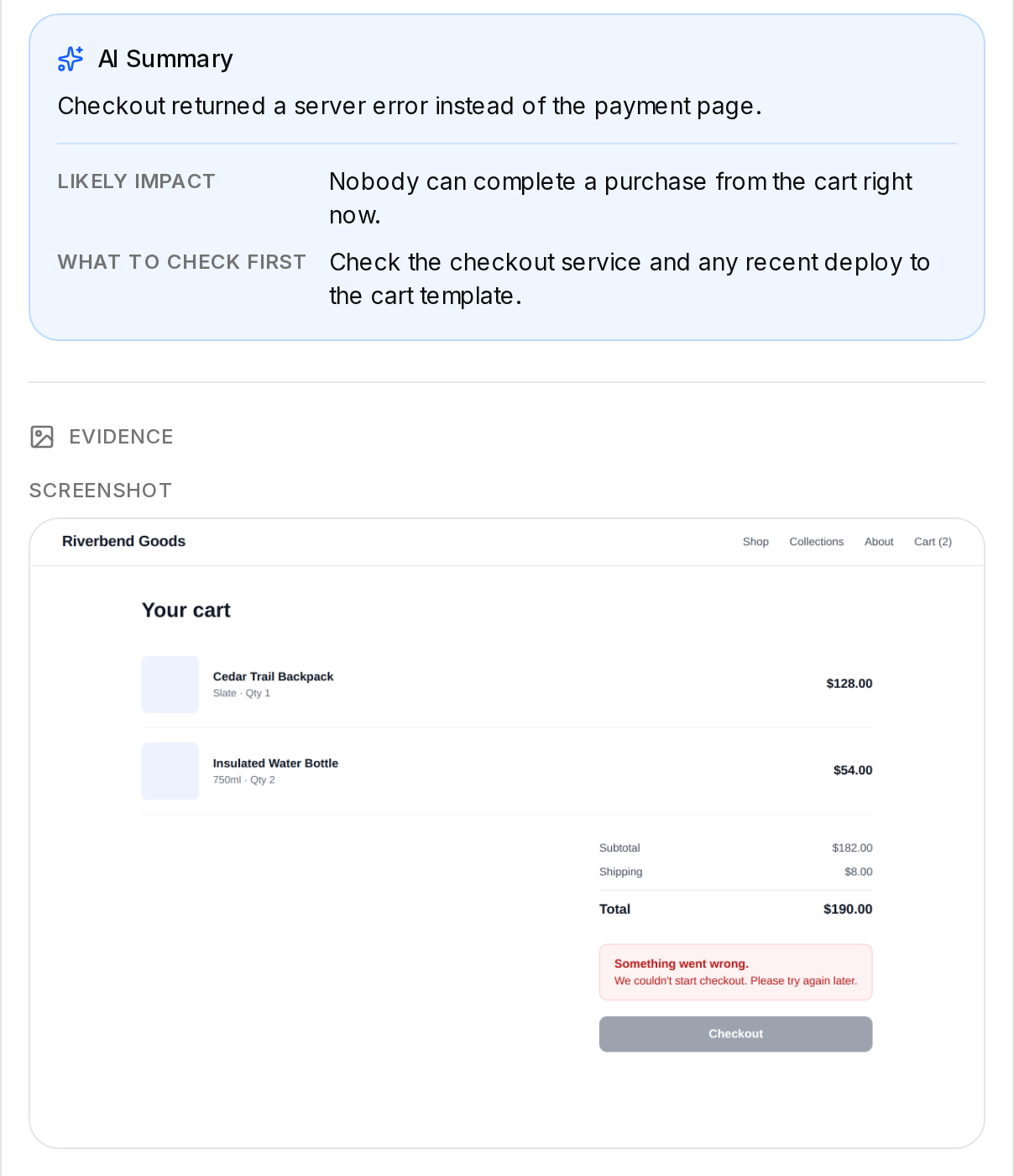 A failed checkout check in Simrix Monitor, showing the failure, a plain-English summary and the screenshot taken when it failed.